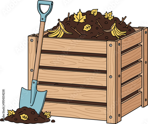 Wooden organic compost bin with food waste dry leaves and garden shovel for sustainable lifestyle and eco-friendly gardening