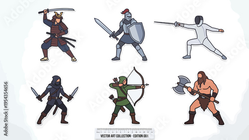 Vector Warrior Character Collection: Samurai, Knight, Archer, Fencer, Rogue, Barbarian Fighters
