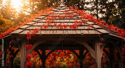 Autumn Gazebo with Red Vines and Sun Flare