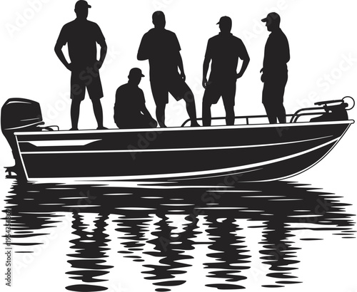 Silhouette of a group of friends on a motorboat enjoying a fishing trip with water reflections representing summer outdoor recreation