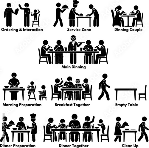 Comprehensive Restaurant Service and Family Dining Activities Set Including Food Preparation, Serving, and Cleaning Icons