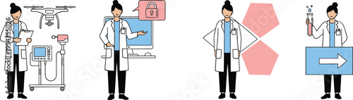 Female scientist and lab researcher character set with medical equipment drone security and chemical testing flat vector illustration