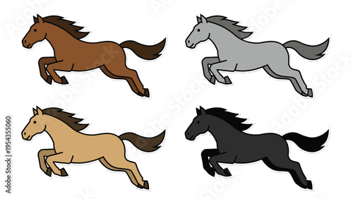 Four Cartoon Horses Running Set. Diverse colored horses galloping and jumping, isolated vector illustration on white background.