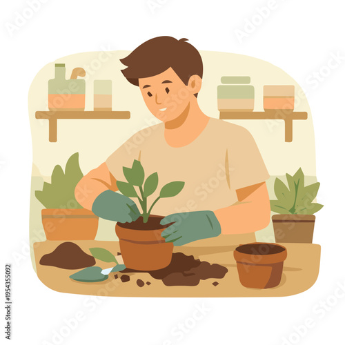 A serene vector of a man transferring a plant into a pot, inspired by agriculture, rendered in warm earth tones that express calmness, care, and a gentle connection to nature.