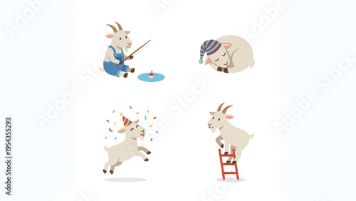 Adorable Cartoon Goats Activity Set: Fishing, Sleeping, Celebrating, and Climbing Ladder Illustrations