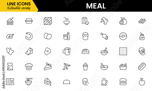 Meal icons depicting food dishes, dining, cooking, ingredients, nutrition, plates, utensils, breakfast, lunch, dinner, recipes, preparation, cuisine, and eating.