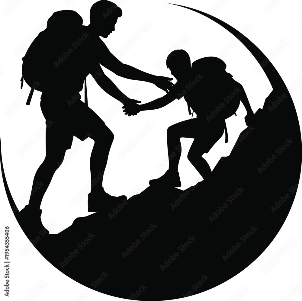 Ταπετσαρία Silhouette of a man reaching down and helping a child climb up a rocky mountain slope with backpacks, perfect for teamwork and adventure