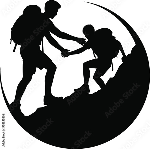 Quadro su tela Silhouette of a man reaching down and helping a child climb up a rocky mountain slope with backpacks, perfect for teamwork and adventure