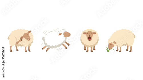 Cute Cartoon Sheep Vector Set with Various Poses: Scratching, Jumping, Bleating, Eating Grass