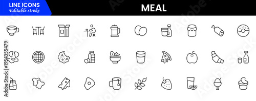 Meal icons depicting food dishes, dining, cooking, ingredients, nutrition, plates, utensils, breakfast, lunch, dinner, recipes, preparation, cuisine, and eating.