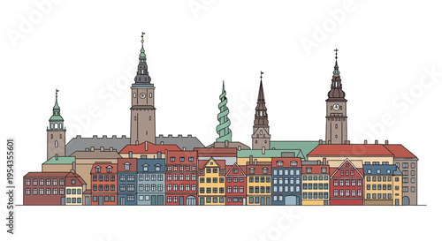 Colorful illustration of old european buildings.