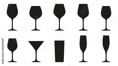 Wine glasses vector silhouette illustration set with martini, champagne flute, highball, cocktail shapes, black icons, barware design, beverage service, hospitality art collection