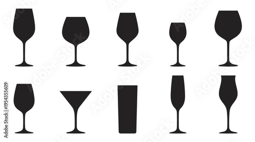 Wine glasses vector silhouette illustration set with martini, champagne flute, highball, cocktail shapes, black icons, barware design, beverage service, hospitality art collection