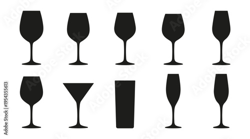 Wine glasses vector silhouette illustration set with martini, champagne flute, highball, cocktail shapes, black icons, barware design, beverage service, hospitality art collection