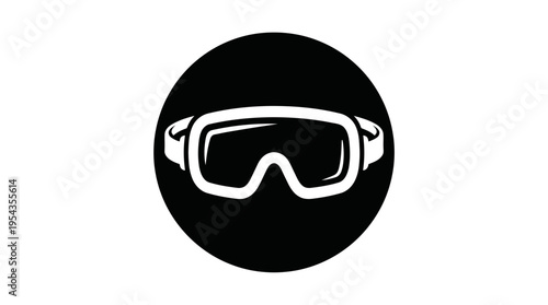 Protective goggles vector icon design with safety eyewear silhouette, black circle symbol, workplace protection, sports gear, laboratory equipment, modern minimal clean outline illustration