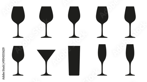 Wine glasses vector silhouette illustration set with martini, champagne flute, highball, cocktail shapes, black icons, barware design, beverage service, hospitality art collection