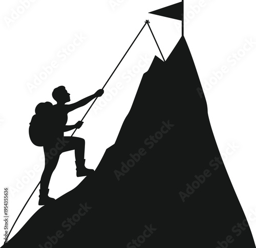 Silhouette of a mountain climber with a backpack scaling a steep peak toward a flag for success and achievement vector