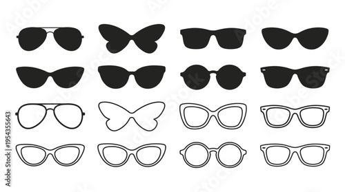 Eyeglasses and sunglasses vector silhouette illustration set with aviator, cat-eye, round, square, butterfly, rectangular frames, fashion accessory design, optical eyewear art collection
