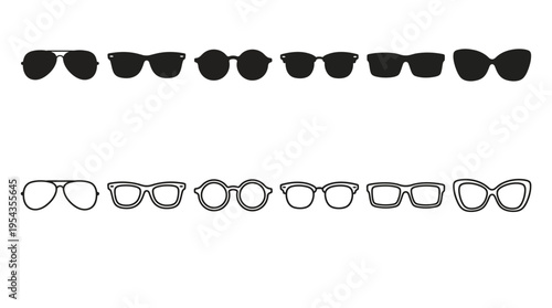 Eyeglasses and sunglasses vector silhouette illustration set with outlined frames, clear lenses, solid black styles, fashion accessory design, optical eyewear art, modern stylish collection