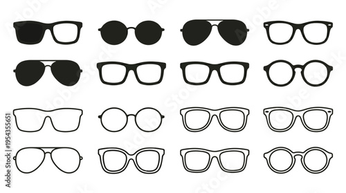 Eyeglasses and sunglasses vector silhouette illustration set with outlined frames, clear lenses, solid black styles, fashion accessory design, optical eyewear art, modern stylish collection