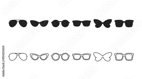 Eyeglasses and sunglasses vector silhouette illustration set with aviator, cat-eye, round, square, butterfly, rectangular frames, fashion accessory design, optical eyewear art collection