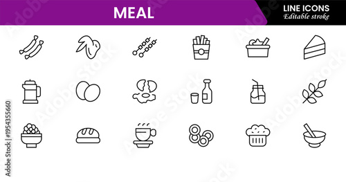 Meal icons depicting food dishes, dining, cooking, ingredients, nutrition, plates, utensils, breakfast, lunch, dinner, recipes, preparation, cuisine, and eating.