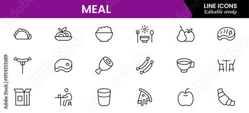 Meal icons depicting food dishes, dining, cooking, ingredients, nutrition, plates, utensils, breakfast, lunch, dinner, recipes, preparation, cuisine, and eating.