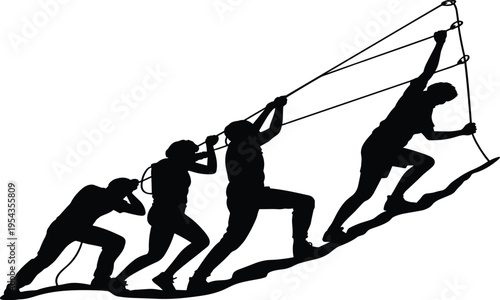 Silhouette of a team of people pulling ropes to climb a steep mountain together for outdoor teamwork success vector illustration