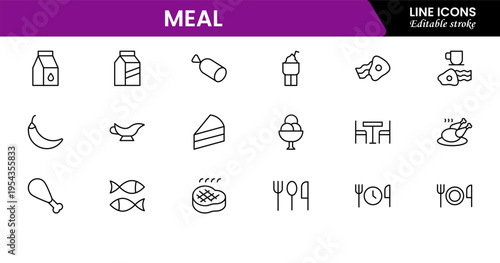 Meal icons depicting food dishes, dining, cooking, ingredients, nutrition, plates, utensils, breakfast, lunch, dinner, recipes, preparation, cuisine, and eating.