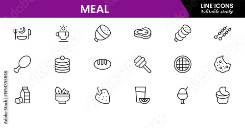 Meal icons depicting food dishes, dining, cooking, ingredients, nutrition, plates, utensils, breakfast, lunch, dinner, recipes, preparation, cuisine, and eating.