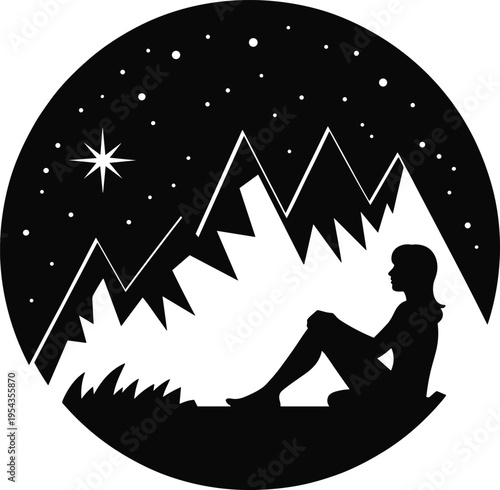 Silhouette of a woman sitting peacefully under a starry night sky with majestic mountain peaks in a circular minimalist frame