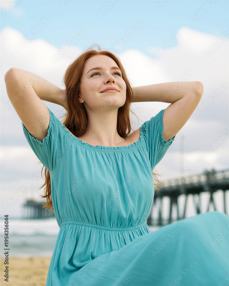 Fototapeta premium Woman with red hair wearing teal dress sitting on beach with pier in background, exuding happiness and relaxation, face closed-eyed and hands behind head.