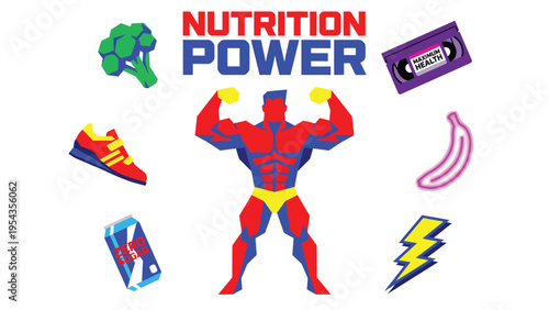 Nutrition Power: Retro Bodybuilder with Healthy Food, Fitness, and Energy Symbols