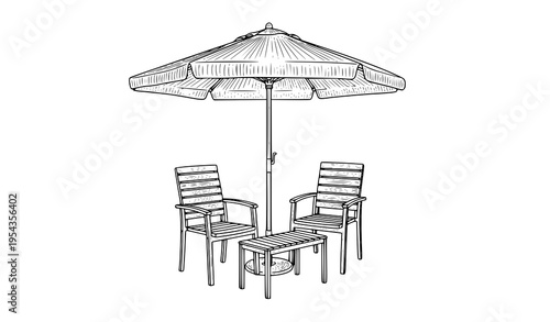 Black and white line art patio umbrella with chairs and table detailed outdoor furniture vector illustration