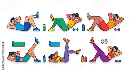 Diverse people doing abdominal exercises. Men and women performing crunches, leg raises, and core workouts with gym equipment. Fitness illustration.