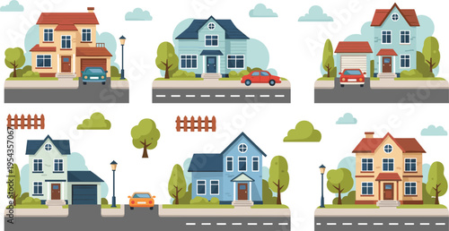 Residential suburban houses set with modern family homes street view cars trees and neighborhood elements flat vector illustration background
