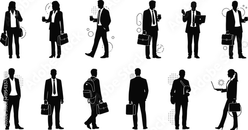 Business people silhouettes vector set with corporate professionals wearing suits carrying briefcases and using laptops in office
