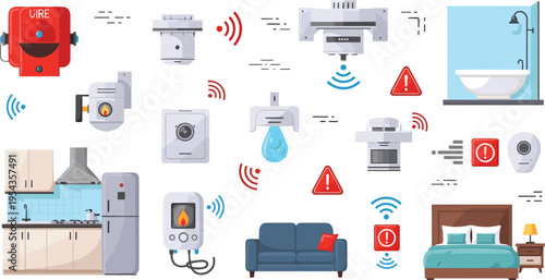 Smart home security system icons with fire alarm smoke detector wireless sensors and domestic room interior flat vector