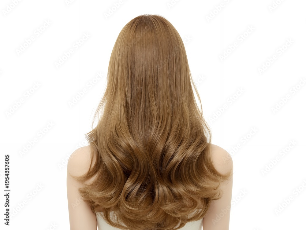 Fototapeta premium 緩やかなウェーブが美しい明るい茶髪のロングヘアを後ろから捉えた若い女性のヘアスタイル