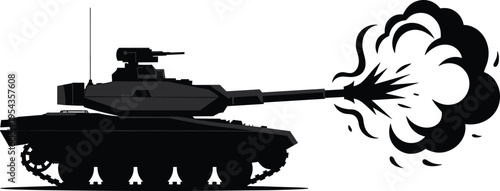 Modern military tank firing cannon with explosive muzzle blast, armored vehicle silhouette illustration, battlefield combat concept, war machine power, defense technology graphic isolated