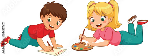 Happy children drawing and painting together, creative kids art activity, colorful cartoon illustration of playful learning, friendship, imagination, and early education fun indoors