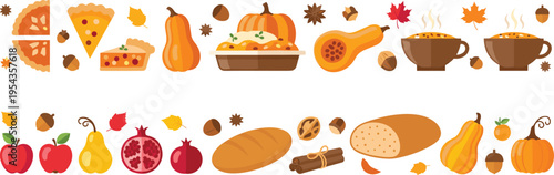 Autumn harvest food border set with pumpkin pie seasonal fruits vegetables and coffee for thanksgiving horizontal banner design