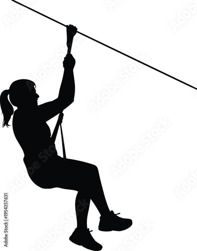 Silhouette of a young girl sliding on a zipline cable during an outdoor adventure activity over a white background vector