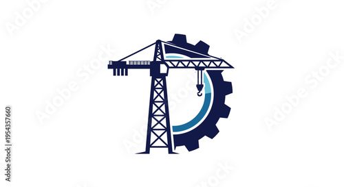 Construction Crane with Gear Symbol - Industrial Engineering Concept