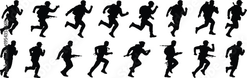 Dynamic silhouettes of armed soldiers running in sequence with rifles and backpacks, military motion illustration concept for training, simulation, animation, tactical design, and defense visuals.