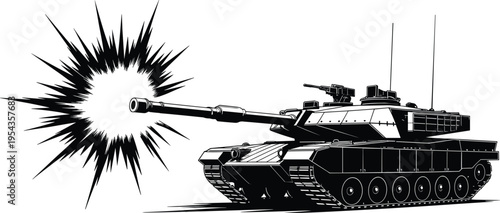 Detailed modern military tank firing cannon with explosive blast effect, armored combat vehicle illustration, battlefield warfare concept, defense technology graphic isolated on white background