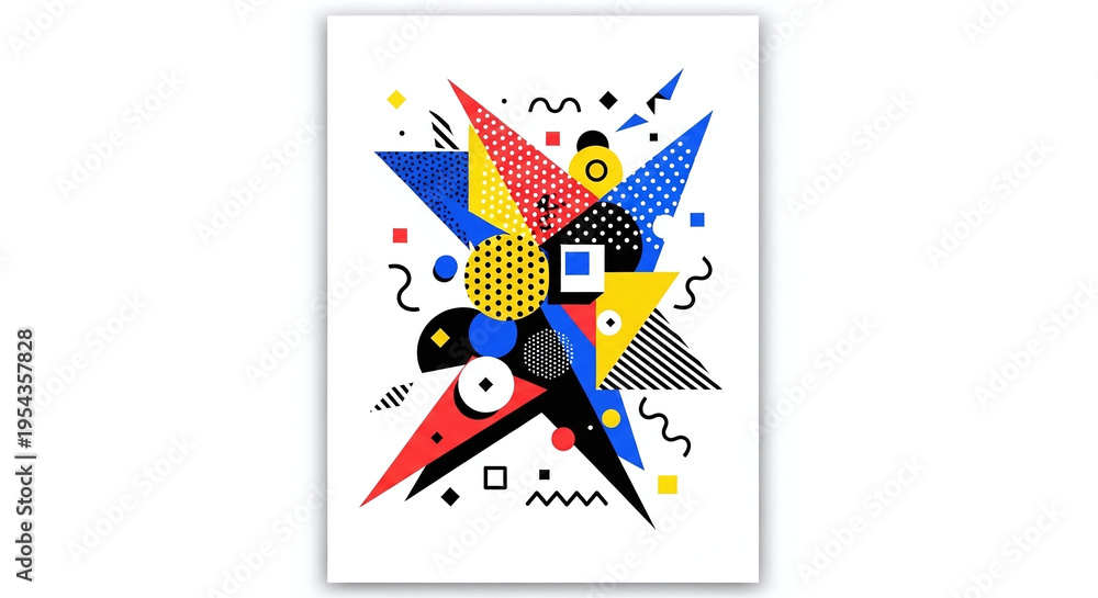 Obraz premium Dynamic Abstract Memphis Style Composition with Geometric Shapes and Primary Colors