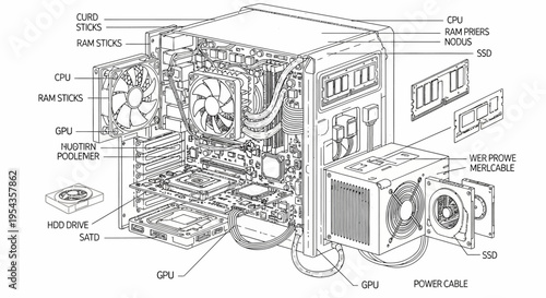 Computer hardware components diagram with labeled parts inside
