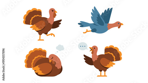 Cartoon Turkeys Set: Standing, Flying, Sleeping, and Talking. Flat Vector Illustration of Thanksgiving Birds in Various Poses.