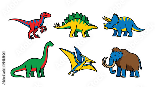 Bright Cartoon Prehistoric Creatures Set: Dinosaurs, Pterodactyl, Mammoth Illustrations on White Background
